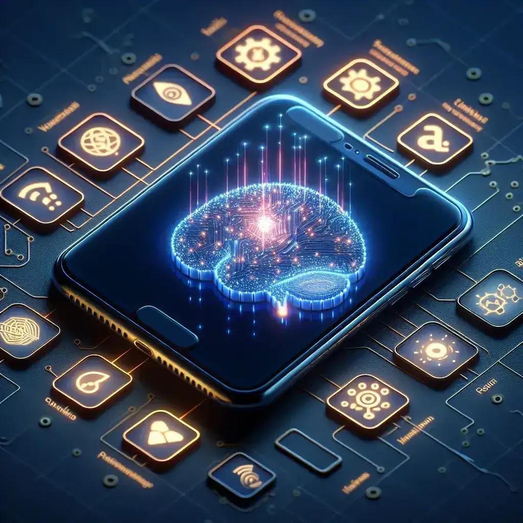 "Mini-modelos de IA embarcados em smartphones, destacando a tecnologia da Apple Intelligence que melhora a performance e a personalização do usuário."